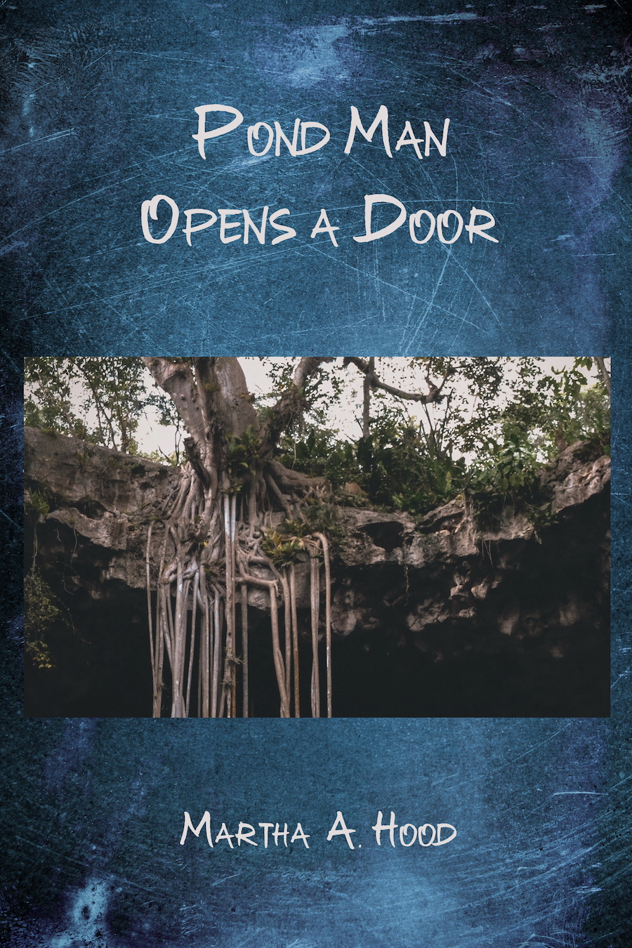 The roots of a tree extend into an ominous gap in the ground beneath the novella's title "Pond Man Opens A Door."