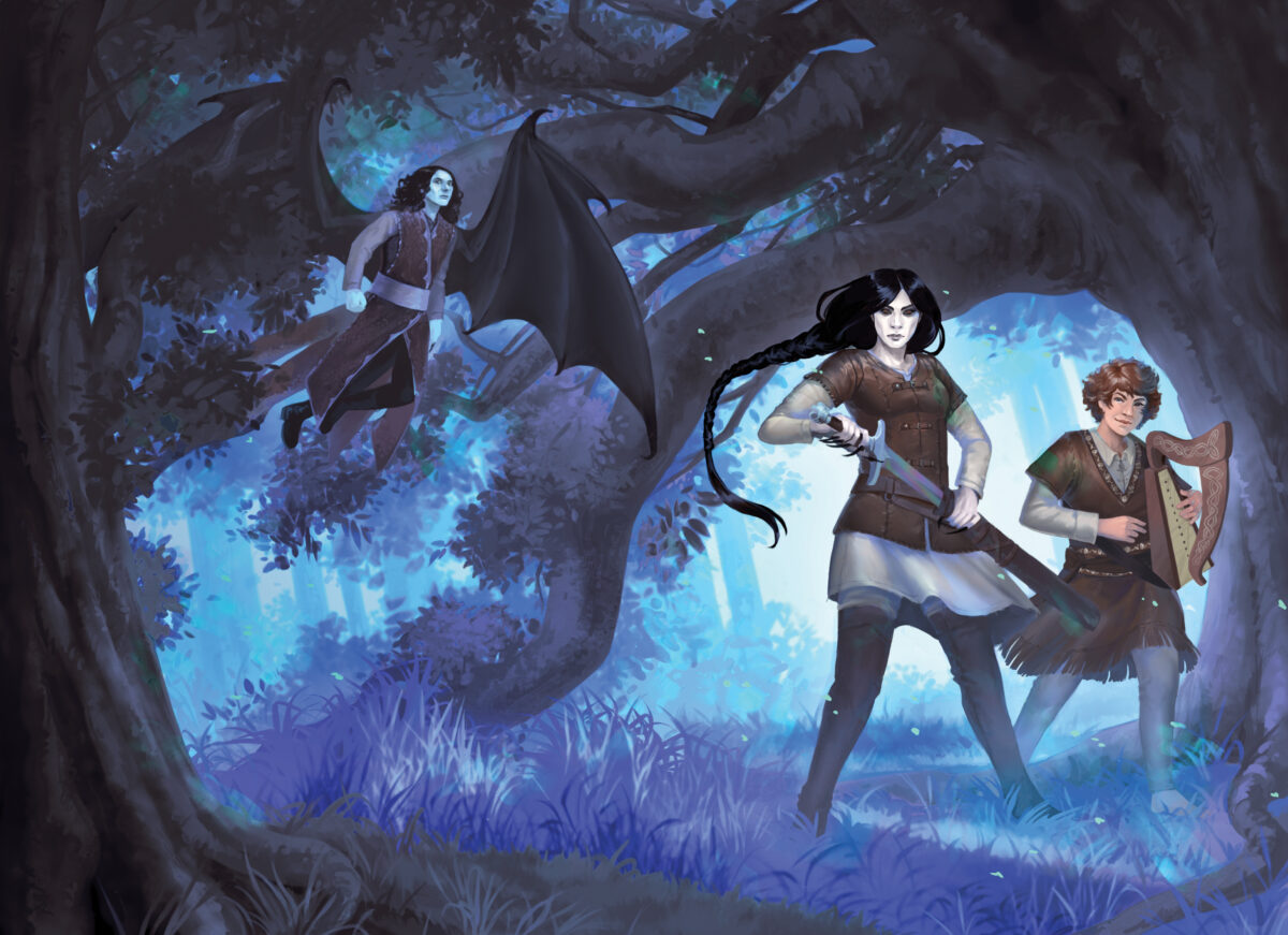 A book cover illustration. Two female figures walk through a forest. The taller, dark-haired figure is in the act of drawing her sword, while beside her the other woman holds a harp. Behind them, on what would be the book's back cover, flies a winged man.