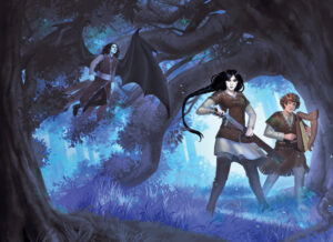 A book cover illustration. Two female figures walk through a forest. The taller, dark-haired figure is in the act of drawing her sword, while beside her the other woman holds a harp. Behind them, on what would be the book's back cover, flies a winged man.