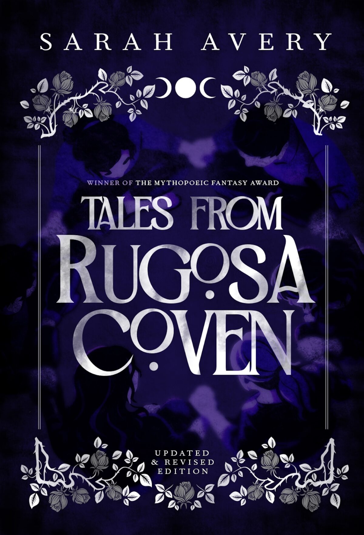 On a black and purple background, a border of rugosa roses surrounds the title: Tales from Rugosa Coven by Sarah Avery